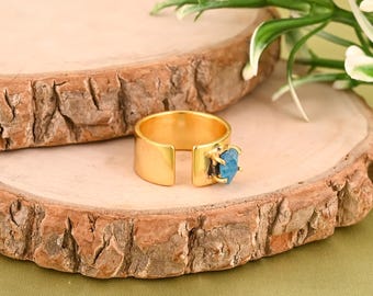 Neon Apatite Statement Ring in 925 Sterling Silver Gold-Plated Adjustable Blue Gemstone Ring