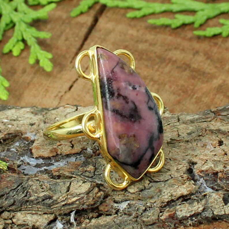 Rhodonite Ring Silver Natural Rohodnite Stone Ring Unisex Ring Pink Stone Ring Natural Gemstone Ring Gift for Her Rhodonite Jewelry