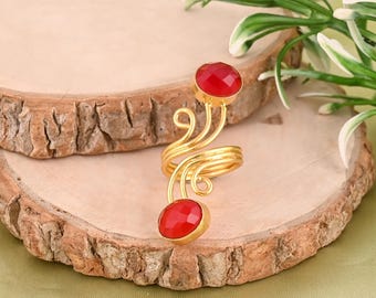 925 Sterling Silver Ring Gold Plated Garnet Gemstone Wide Band Boho Artisan Jewelry Gift For Her