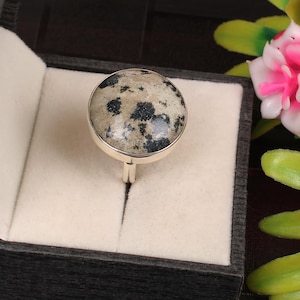 Dalmatian Jasper Ring, Jasper Gemstone Ring, Round Stone Ring, Sterling Silver Ring, Gift for Her, Dalmatian Ring, Bezel Silver Ring Women