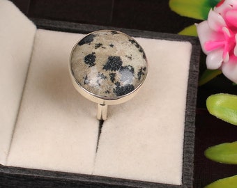 Handmade Dalmatian Jasper Ring: Round Bezel Sterling Silver