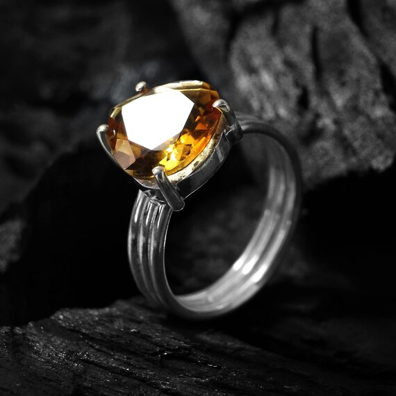 ハートシトリンリング：ハンドメイド925スターリングシルバートリプル 