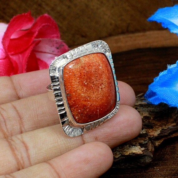 Natural Sponge Coral Ring-square Coral Stone-925 Sterling Silver