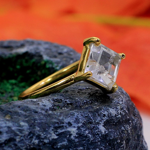 Natural Herkimer Diamond Ring - 925 Sterling Silver Gold Plated - Handcrafted Ring - 7 X 7 MM Herkimer Gemstone