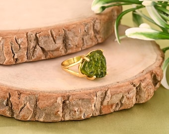 Raw Green Moldavite Ring in Gold Plated 925 Sterling Silver Statement Gemstone Ring