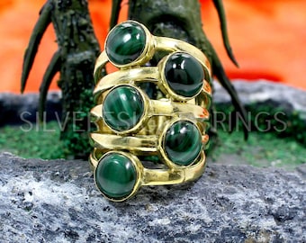 Malachite Gemstone Gold Plated Sterling Silver Multi Band Ring