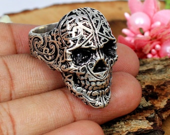 Skeleton Ring - Mens Ring - Ancient Ring - Mens jewelry - Biker ring - Skull Indian Ring - Skull Head - 925 Sterling Silver Ring