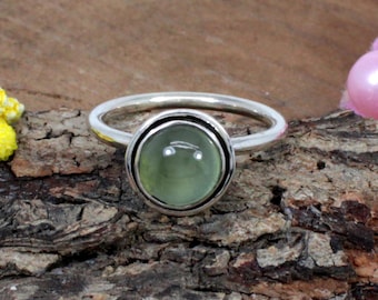 Prehnite Silver Ring: Round Green Gemstone, Handmade 925 Sterling Silver