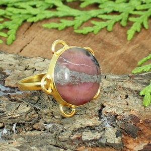 Rhodonit Ring, Natürlicher Edelstein, Runder Ring, Loop Ring, Vergoldetes Silber, Sterling Silber Ring, Handgemacht, Geschenk für Sie, Statement