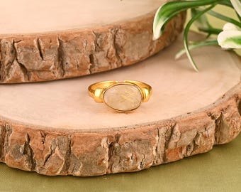 Golden Rutile Sterling Silver Handmade Ring—Gold Plated Adjustable Ring—Rutilated Quartz—Gift Ideas