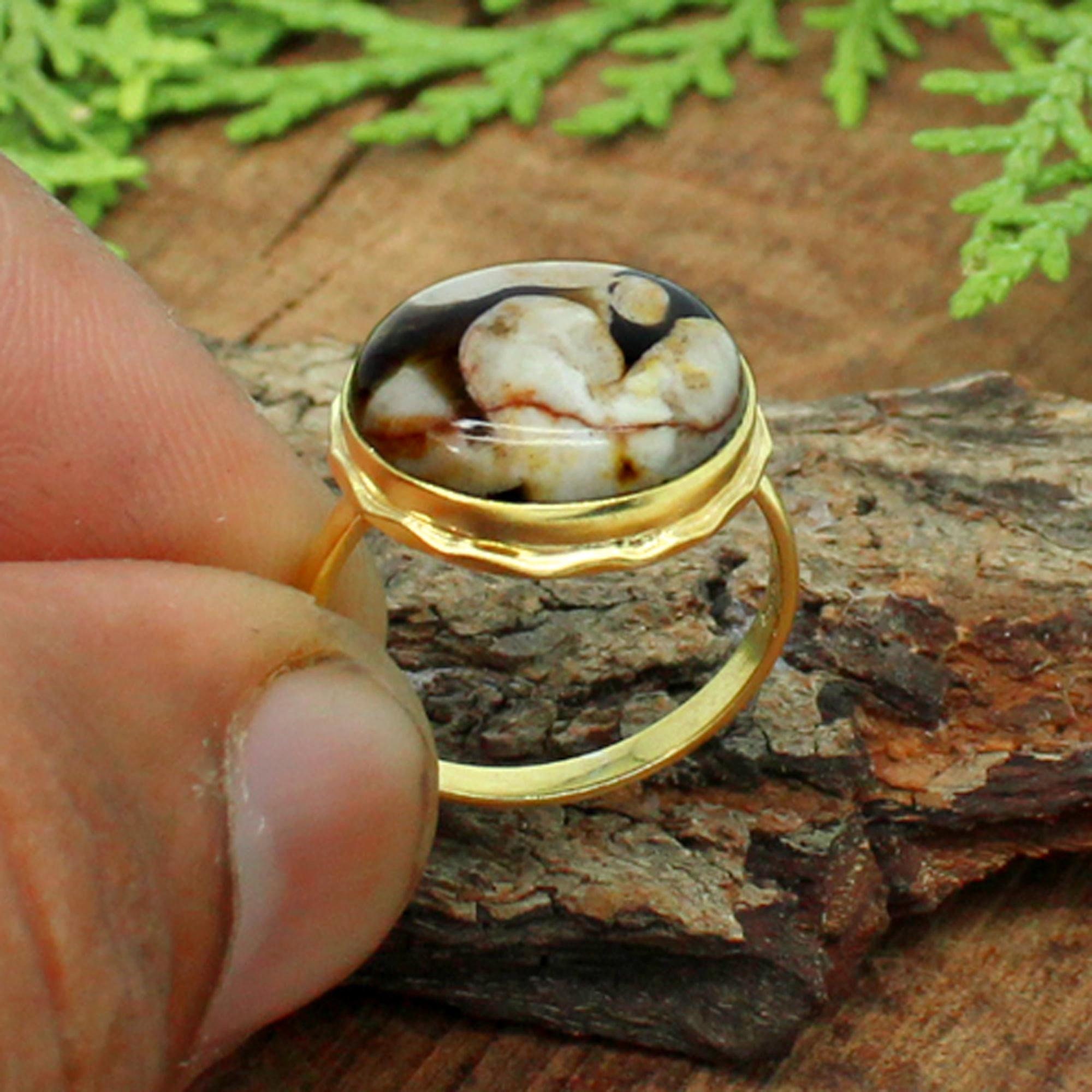 Natural Peanut Wood Jasper Round Ring Peanut Ring Gold Etsy UK