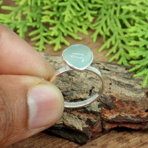 Aqua Chalcedony Heart Ring: Handmade 925 Sterling Silver Cabochon