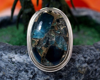 Oval Mohave Turquoise Sterling Silver Ring, Handmade Anniversary Gift