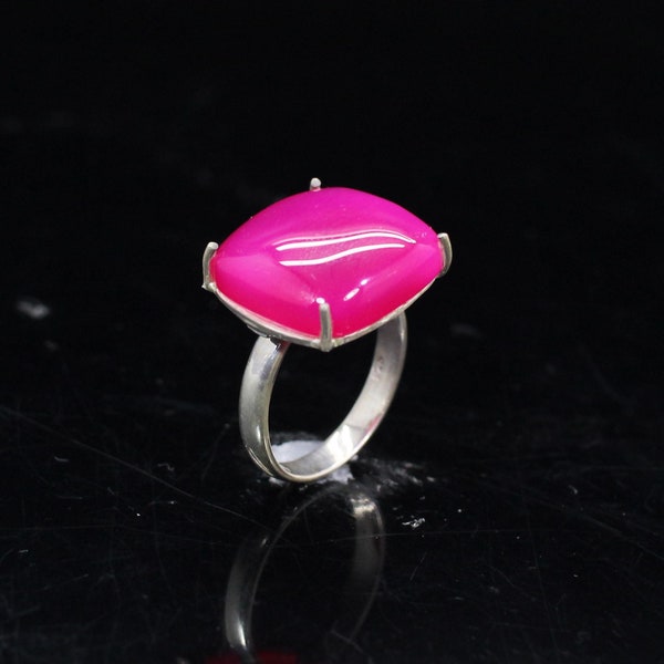 Fuchsia Hot Pink Chalcedony Ring - Prong Ring - Pink Stone Ring- Chalcedony Jewelry -Fuchsia Chalcedony Ring -Sterling Silver Ring for Women