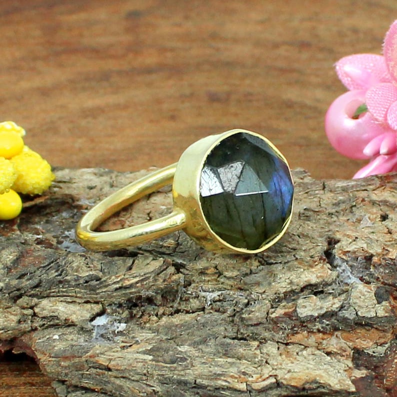 Blue Fire Labradorite Gemstone Sterling Silver Ring Bezel Ring Gypsy Rose Cut Gold Plated Ring Statement Ring Bohemian Gemstone Ring