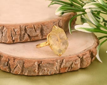 Lemon Quartz 925 Sterling Silver Ring, Handmade Rough Stone Unisex Jewelry
