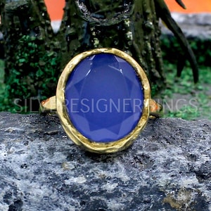 Gold Plated Sterling Silver Blue Chalcedony Ring - Handmade Jewelry