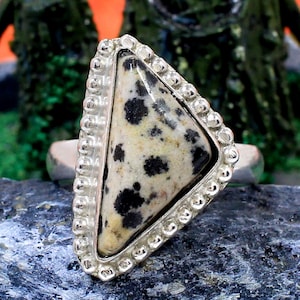 Triangle Natural Dalmatian Jasper Ring - Handcrafted Ring - Bezel Set Ring - 925 Sterling Silver - Statement Rings