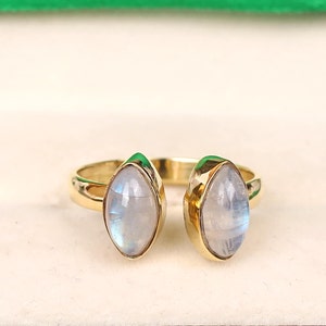 Rainbow Moonstone Marquise Ring: 925 Sterling Silver Gold Plated