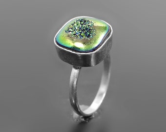 Natural Titanium Druzy Ring-Druzy Jewelry -Druzy Silver Ring - Sterling Silver Ring- Druzy Gemstone Ring - Handmade Ring-Cushion Ring -Boho