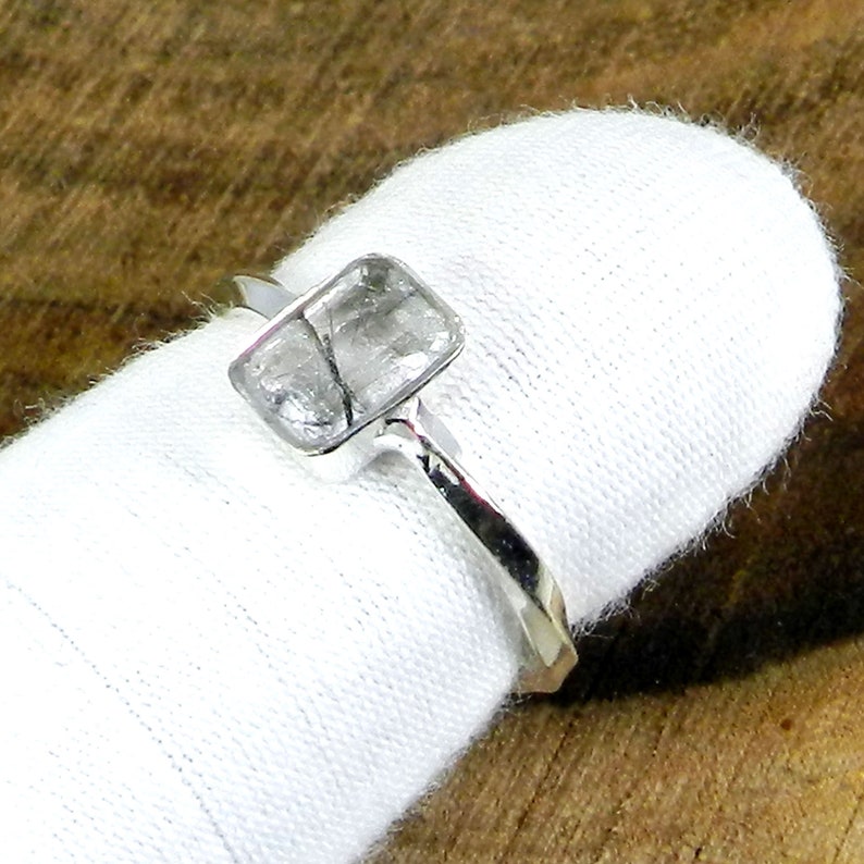 Black Rutile Ring 925 Sterling Silver Ring Twist Band Ring Natural Black Rutile Gemstone Ring Emerald Cut Ring Silver Designer Rings