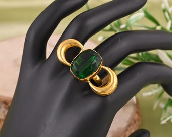 925 Sterling Silver Green Onyx Hydro Ring, Gold-Plated Emerald Cut Ring, Statement Gemstone Jewelry