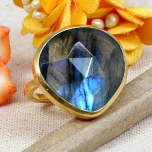 Rainbow Labradorite Ring * Rose Cut * Gold Plated * Statement * Bridal * Wedding * Natural * 925 Ring * Handmade * Gift for her * Blue Fire