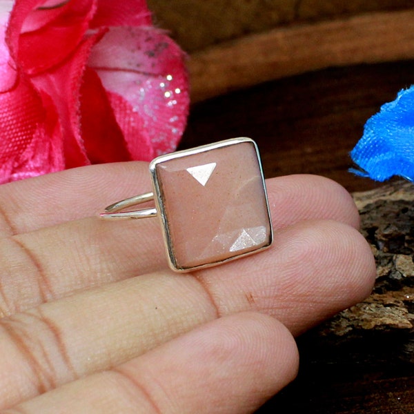 Peach Moonstone Ring-Moonstone Silver Ring-925 Sterling Silver-Peach Stone Silver Rings-Designer Rings-Simple Square Gemstone Rings