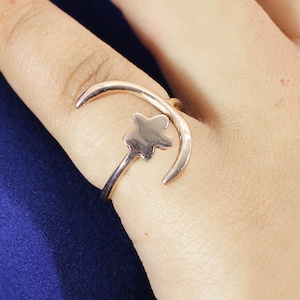 Sterling Silver Star and Moon Ring - Adjustable Celestial Jewelry