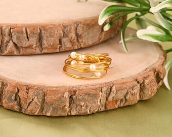 Wire Wrapped Pearl 925 Sterling Silver Gold-Plated Ring, Minimal Jewelry Gift For Her