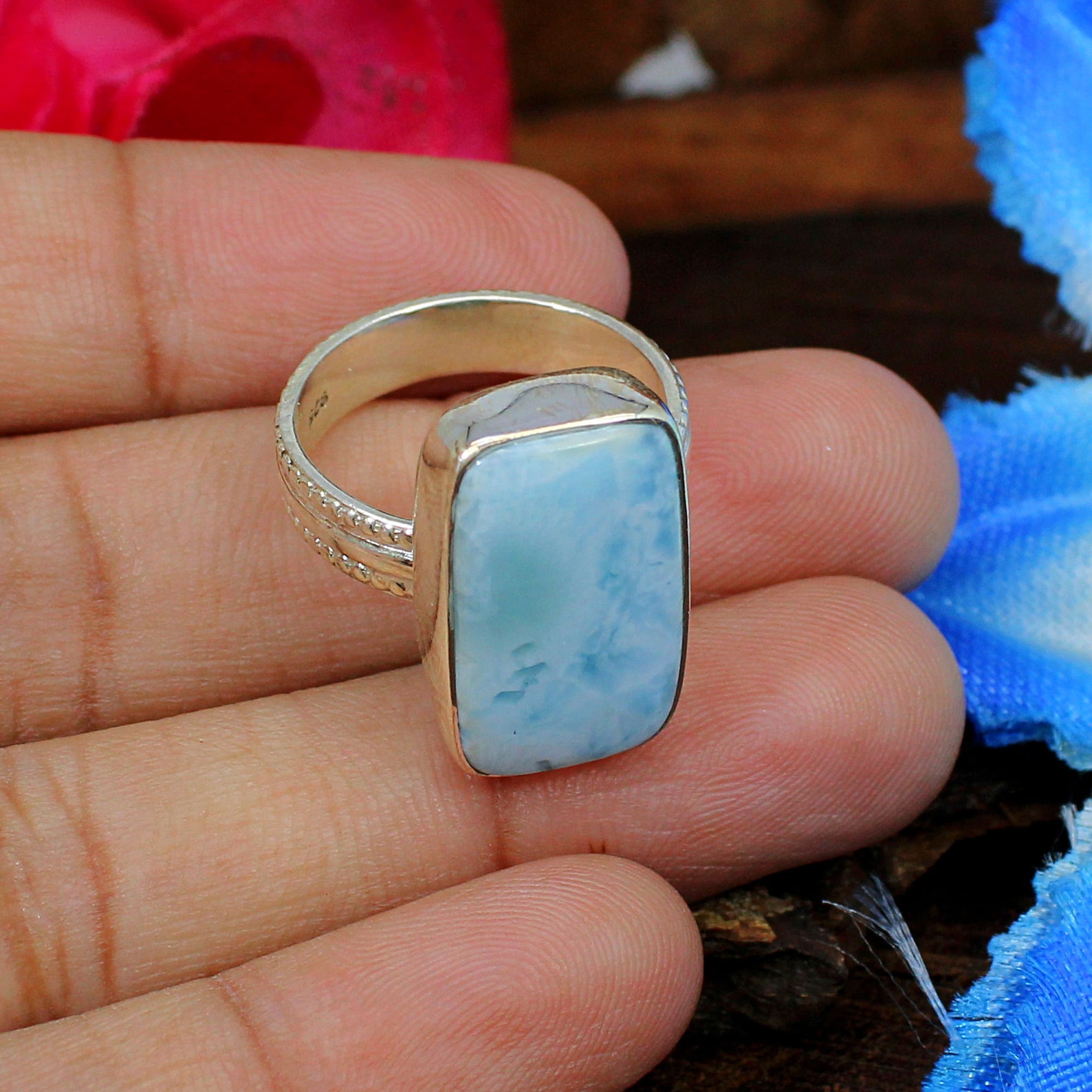 Genuine Larimar Ring 925 Sterling Silver Rectangle Stone Etsy