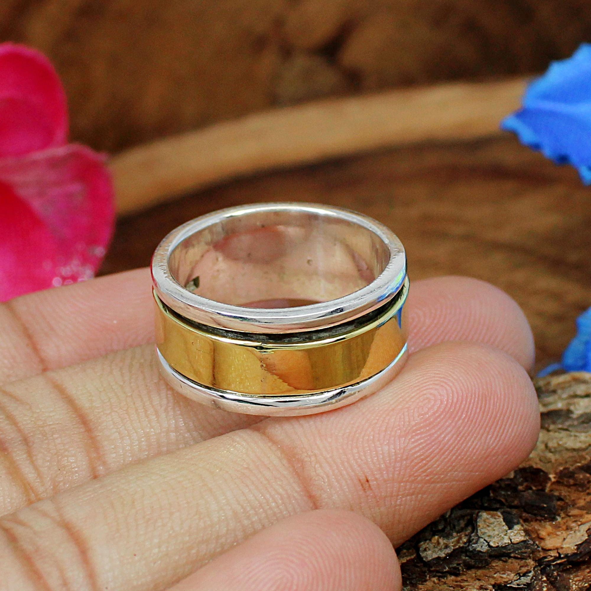 Buy Sterling Silver Spinner Ring: Gold Plated Textured Band, Wide