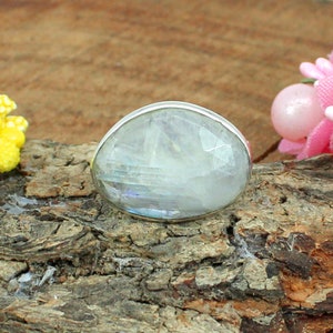 Rainbow Moonstone Ring: Sterling Silver Bezel, Bohemian Gemstone
