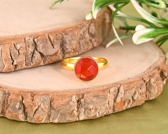 Red Hydro Stone Ring in 925 Sterling Silver, Minimalist Round Gemstone, Dainty Stacking Ring, Statement Gift for Her