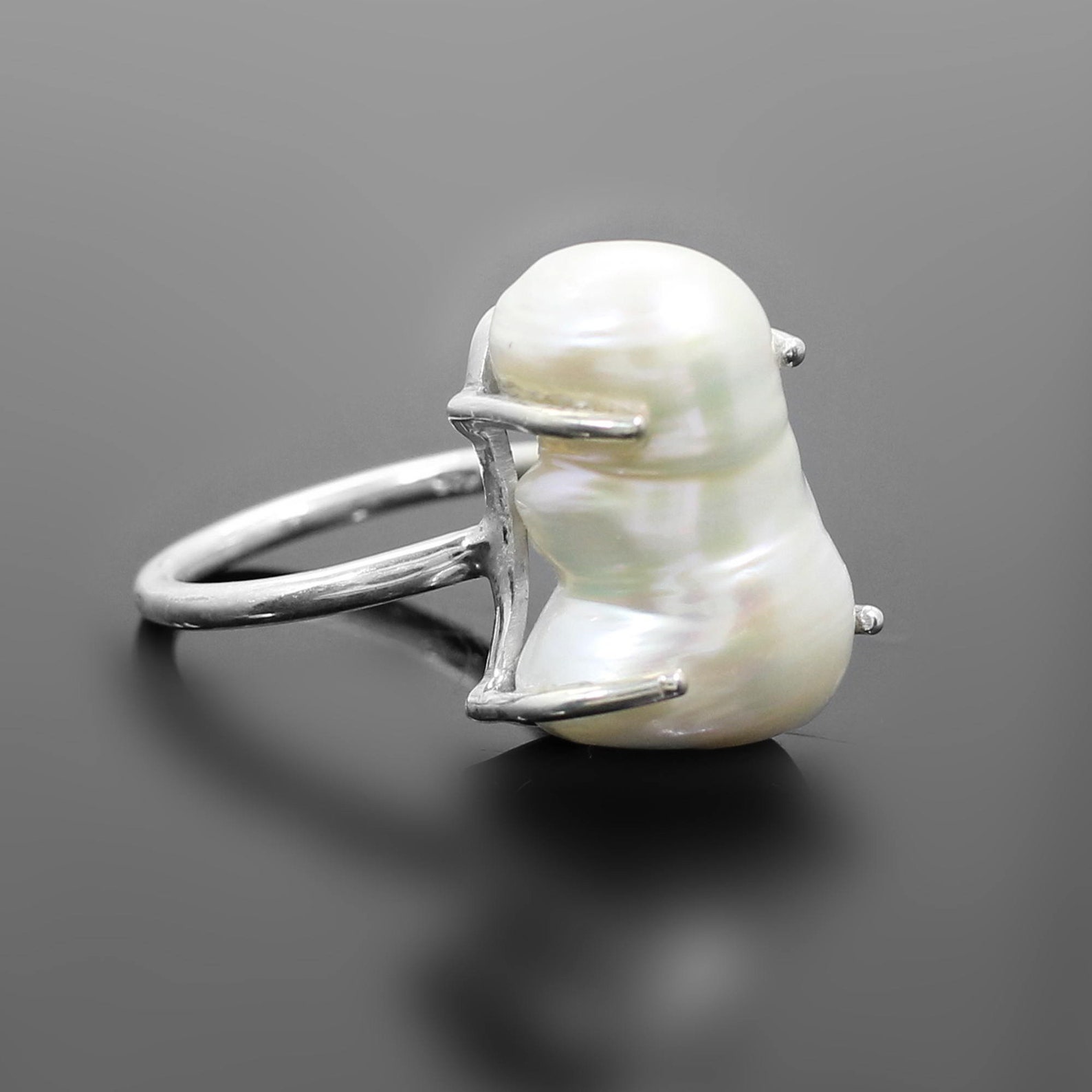 Silver Pearl Ring Baroque Pearl Ring Gemstone Silver Ring Etsy