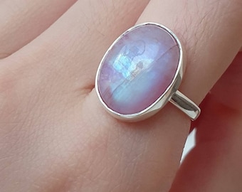 Pink Rainbow Moonstone Ring - Sterling Silver Ring - Flashy Moonstone - Oval Ring - Christmas Sale - Promise Ring - Birthstone Ring - Gifts