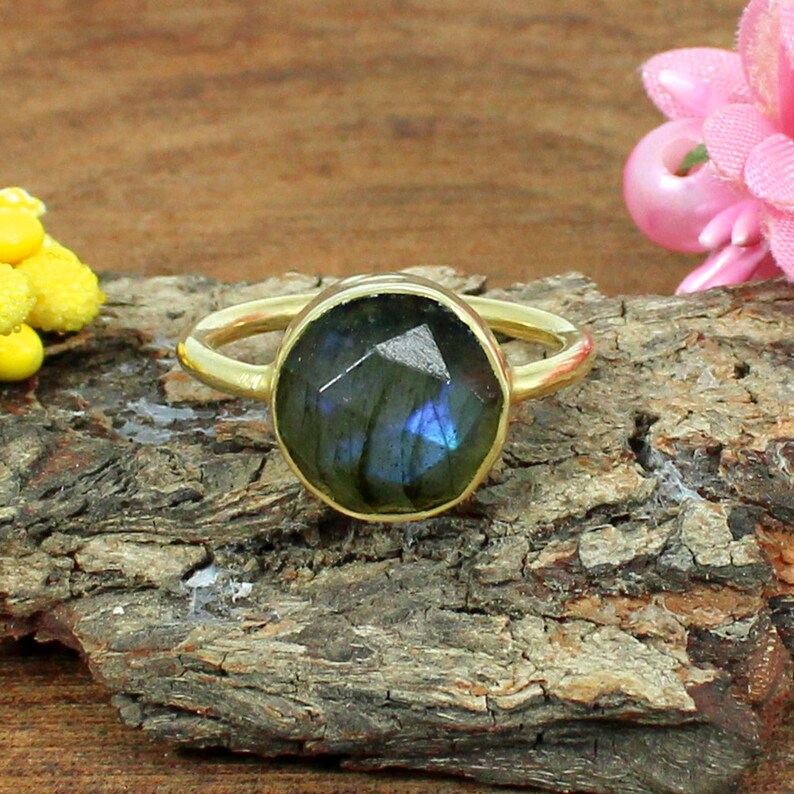 Blue Fire Labradorite Gemstone Sterling Silver Ring Bezel Ring Gypsy Rose Cut Gold Plated Ring Statement Ring Bohemian Gemstone Ring