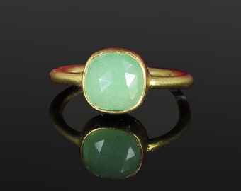 Handmade Green Prehnite Ring: Sterling Silver Boho Stacking Ring