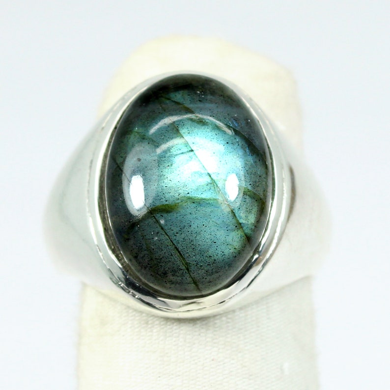 Bridesmaid* Solitaire Wide Band Organic Handmade Bridal Gypsy Statement Gift for her Labradorite Silver Ring Green Boho