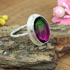 Designer Watermelon Tourmaline Bi Doublet Quartz Ring-925 Sterling Silver Ring-Oval 16x12 mm Ring-Gemstone Ring-Boho Ring-Oval Gemstone Ring
