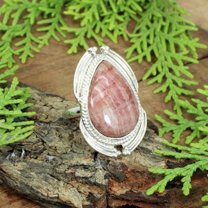 Rhodochrosit Stein - Rosa Stein - Großer Stein - Birnbaum Stein - Großer Silber Ring - Rhodochrosit Schmuck - Handgemachter Ring - Freundschaftsband