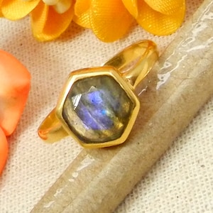 Gold Plated Labradorite Ring: 925 Sterling Silver, Boho Gemstone Ring