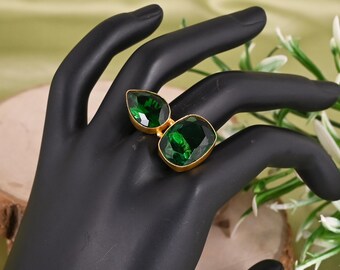 Emerald Green Hydro Stone Dual Ring in 925 Sterling Silver With Gold Plating | Statement Ring | Modern Designer Ring Gift for Her