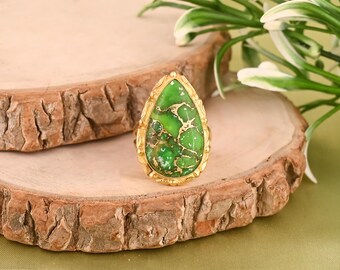 Green Mohave Turquoise Ring in 925 Sterling Silver Gold Plated