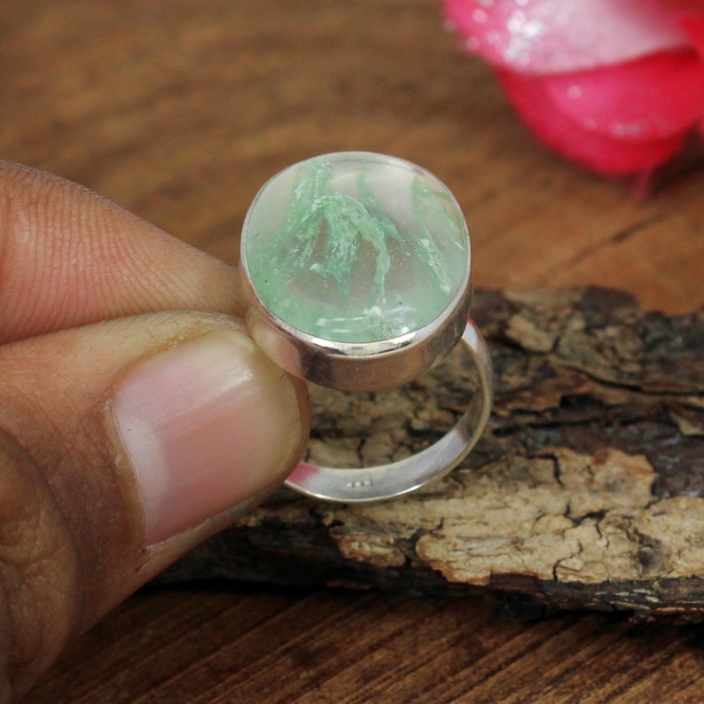 Handmade Ring,Statement Ring,Silver Gift Ring,Green Stone Ring Aqua Crackle Glass Ring,925 Sterling Silver Ring,Crackle Glass Gemstone Ring