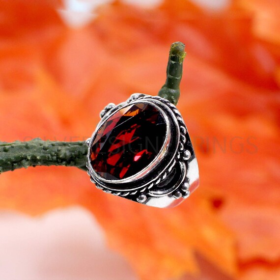 Oxidized Sterling Silver Garnet Ring: Handmade Boho Gemstone