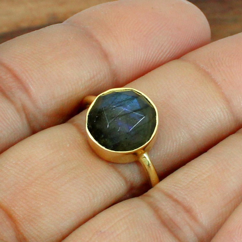 Blue Fire Labradorite Gemstone Sterling Silver Ring Bezel Ring Gypsy Rose Cut Gold Plated Ring Statement Ring Bohemian Gemstone Ring
