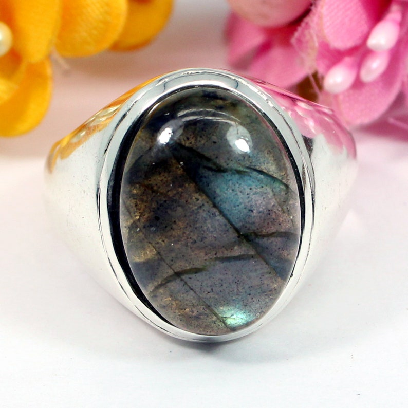 Bridesmaid* Solitaire Wide Band Organic Handmade Bridal Gypsy Statement Gift for her Labradorite Silver Ring Green Boho