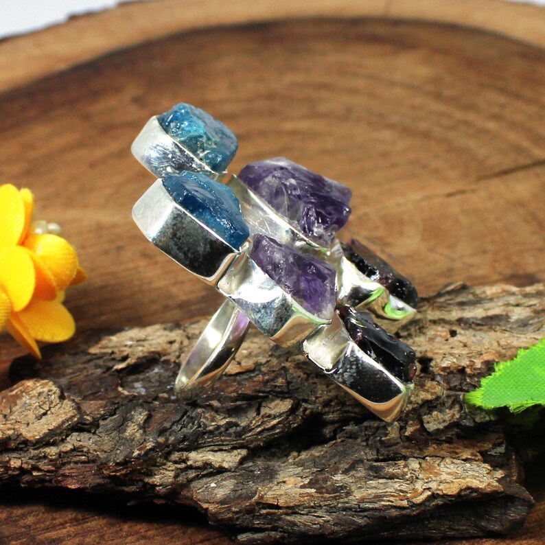 Neon Apatite Silver Ring,Garnet Silver Ring,Amethyst Silver Ring,Rough Ring,925 Sterling Silver Ring,Silver Christmas Gift,Adjustable Ring