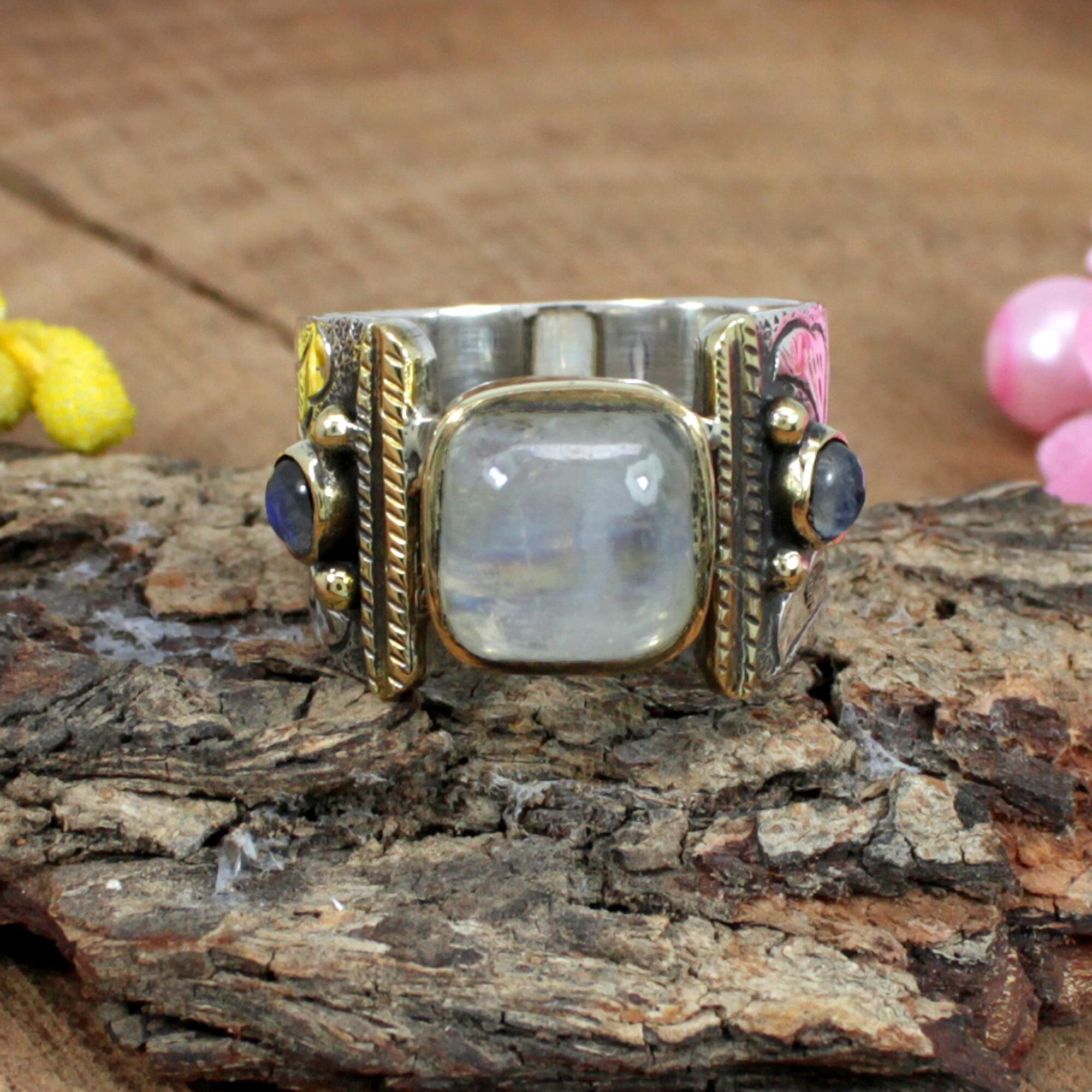 Moonstone Ring, Handmade Designer Silver Ring, Two Tone Ring